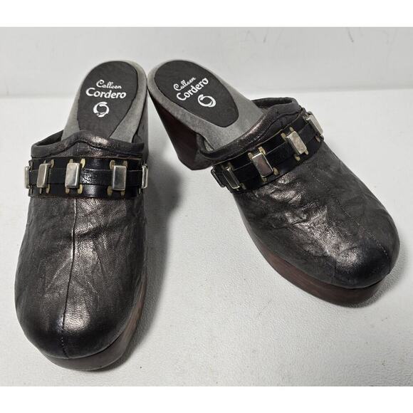 Calleen Cordero Distressed Leather Mule Clog Metallic Platform Wooden Heel SZ 8 - Picture 1 of 9